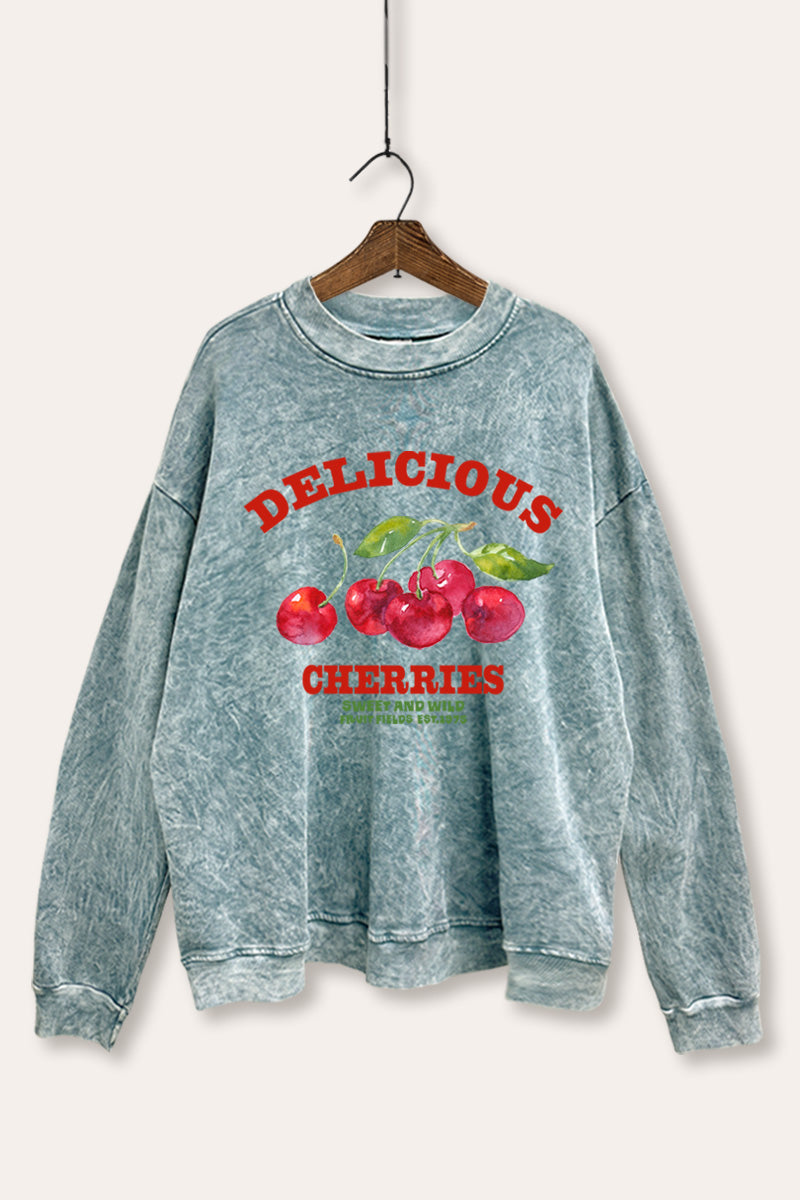 "delicious cherries" fruit graphic mineral wash sweatshirt
