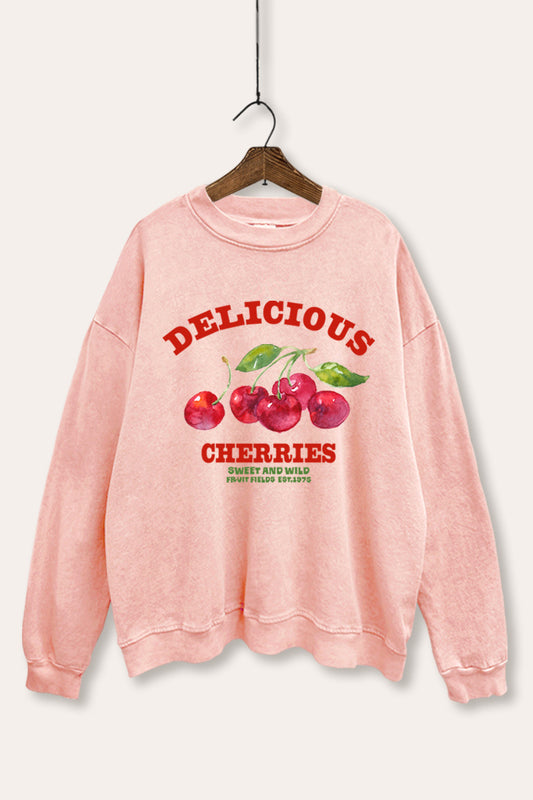"delicious cherries" fruit graphic mineral wash sweatshirt
