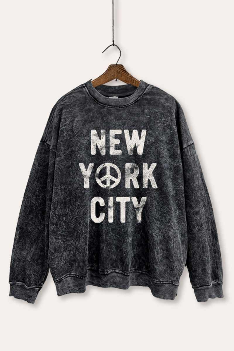 New York City Peace Sign Graphic Mineral Wash Sweatshirt