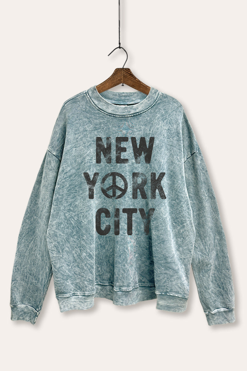New York City Peace Sign Graphic Mineral Wash Sweatshirt