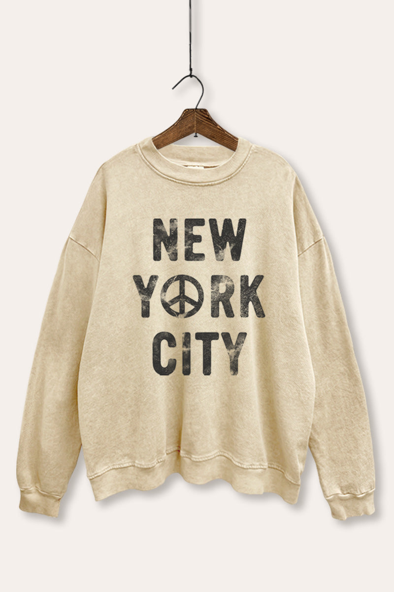 New York City Peace Sign Graphic Mineral Wash Sweatshirt