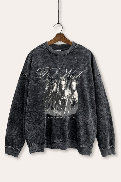 Fort Worth Texas Horses Graphic Mineral Wash Sweatshirt