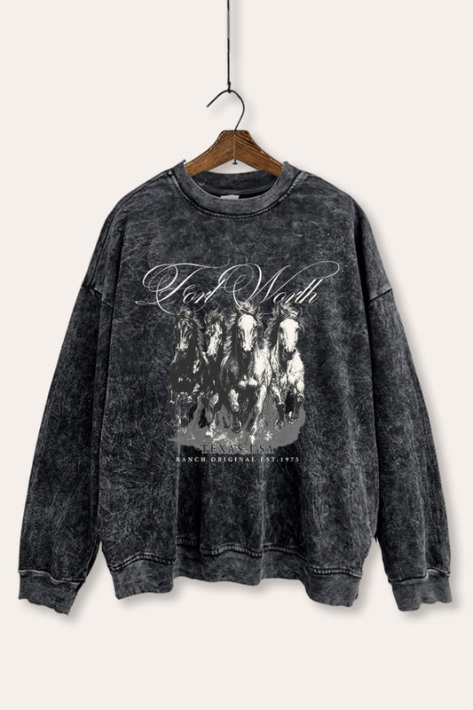 Fort Worth Texas Horses Graphic Mineral Wash Sweatshirt