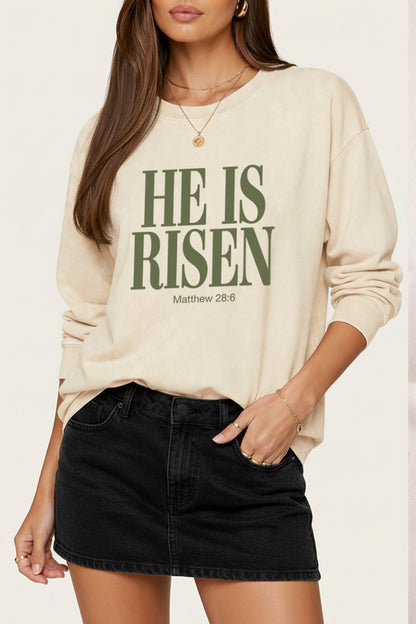 He Is Risen Christian Graphic Mineral Wash Sweatshirt