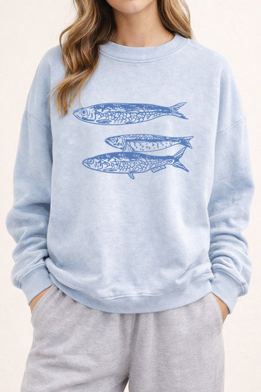 Ocean Inspired Sardines Graphic Mineral Wash Sweatshirt