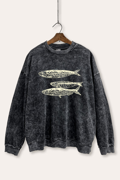 Ocean Inspired Sardines Graphic Mineral Wash Sweatshirt