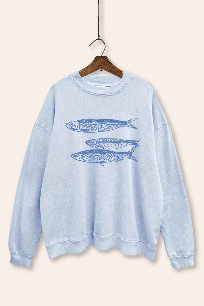 Ocean Inspired Sardines Graphic Mineral Wash Sweatshirt