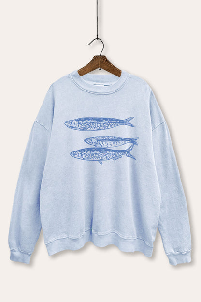 Ocean Inspired Sardines Graphic Mineral Wash Sweatshirt