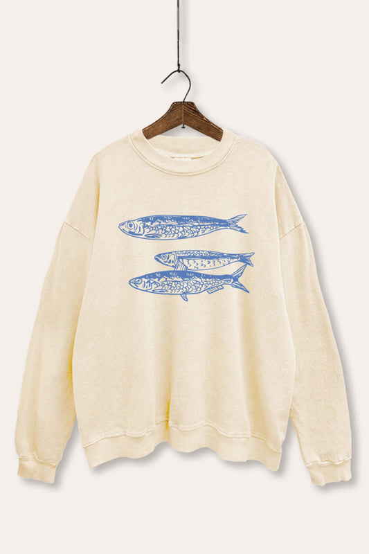 Ocean Inspired Sardines Graphic Mineral Wash Sweatshirt