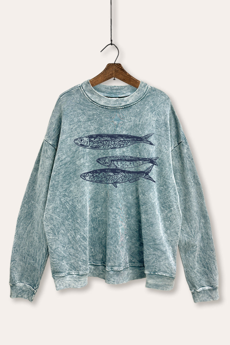 Ocean Inspired Sardines Graphic Mineral Wash Sweatshirt