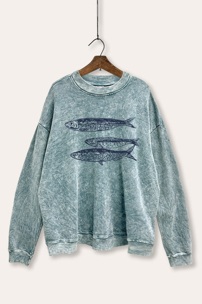 Ocean Inspired Sardines Graphic Mineral Wash Sweatshirt