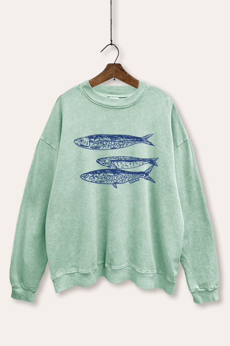 Ocean Inspired Sardines Graphic Mineral Wash Sweatshirt
