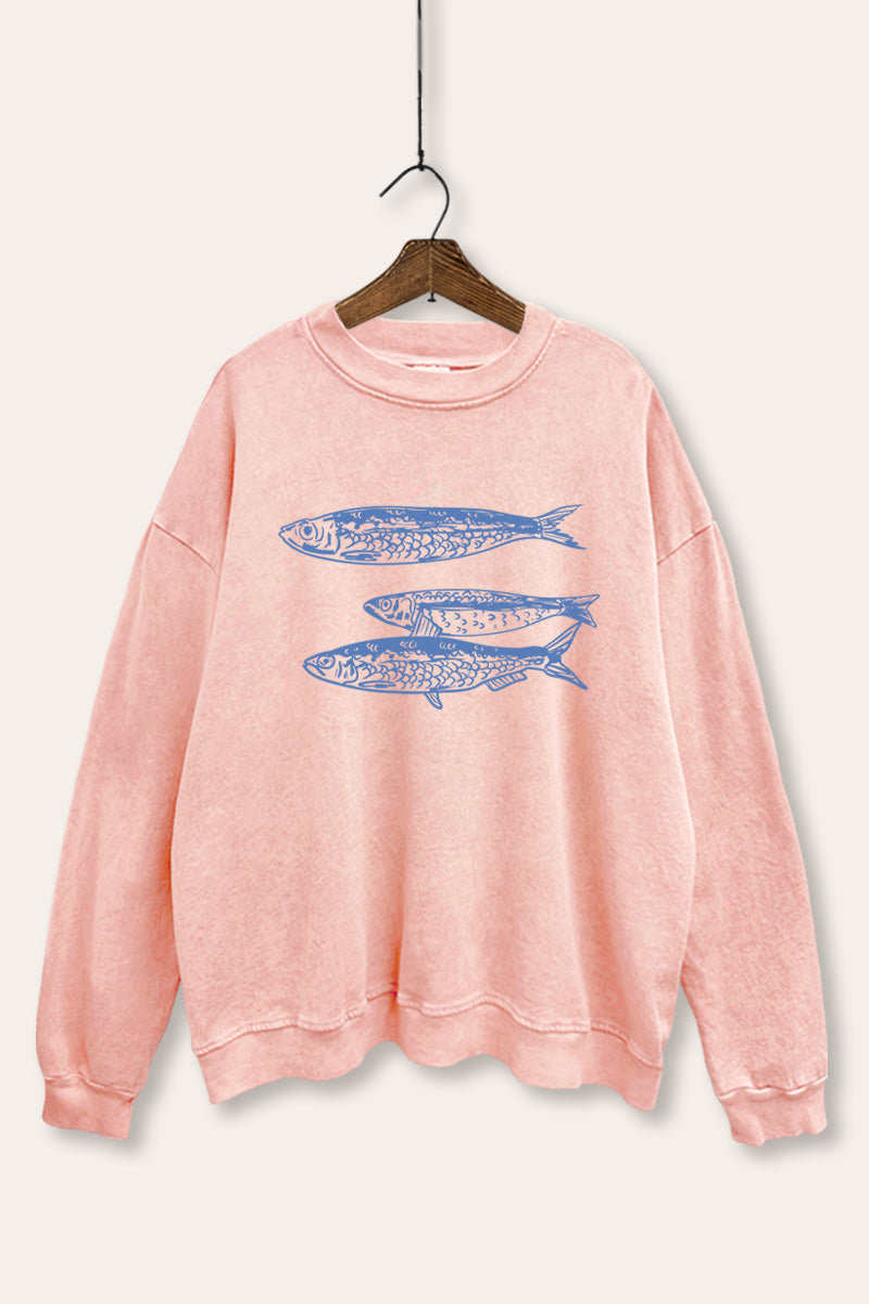 Ocean Inspired Sardines Graphic Mineral Wash Sweatshirt