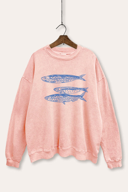 Ocean Inspired Sardines Graphic Mineral Wash Sweatshirt