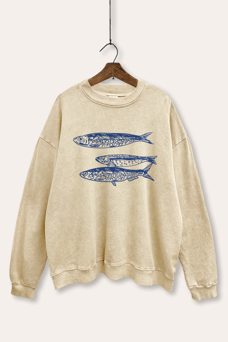 Ocean Inspired Sardines Graphic Mineral Wash Sweatshirt