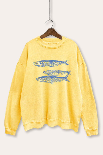 Ocean Inspired Sardines Graphic Mineral Wash Sweatshirt