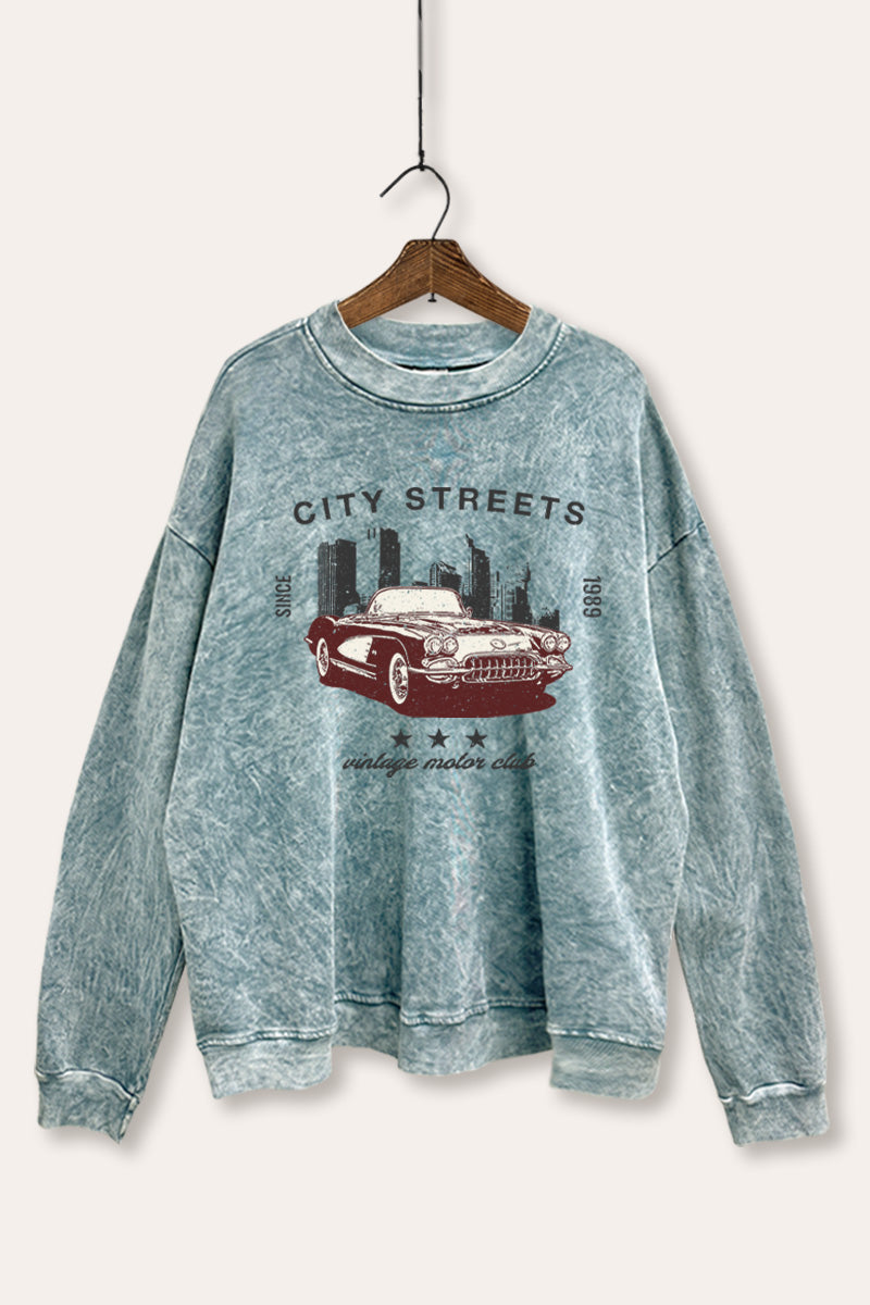 Vintage Motor City Streets Graphic Mineral Wash Sweatshirt