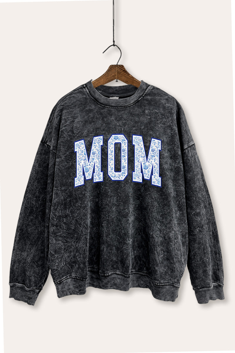 Mom Floral Pattern Graphic Mineral Wash Sweatshirt