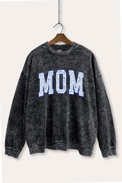 Mom Floral Pattern Graphic Mineral Wash Sweatshirt