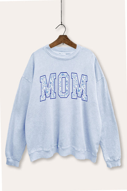 Mom Floral Pattern Graphic Mineral Wash Sweatshirt
