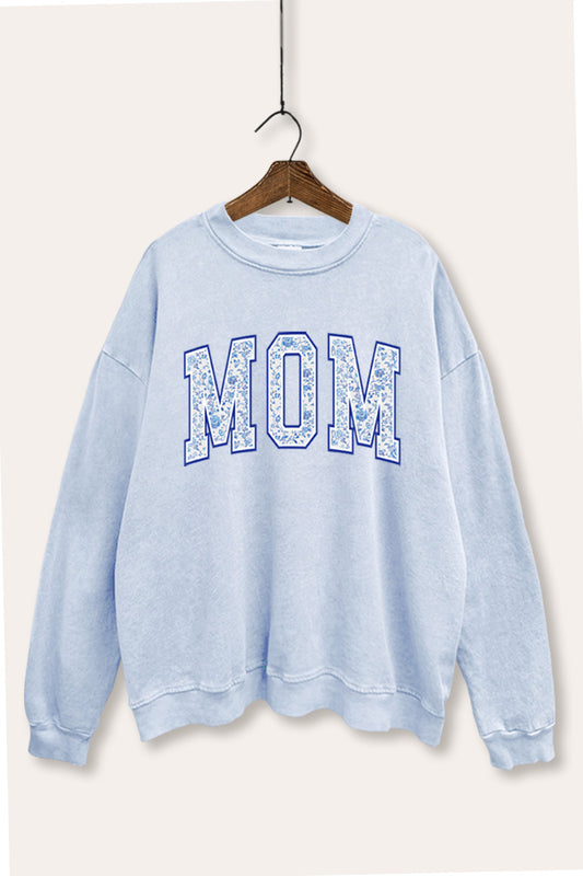 Mom Floral Pattern Graphic Mineral Wash Sweatshirt