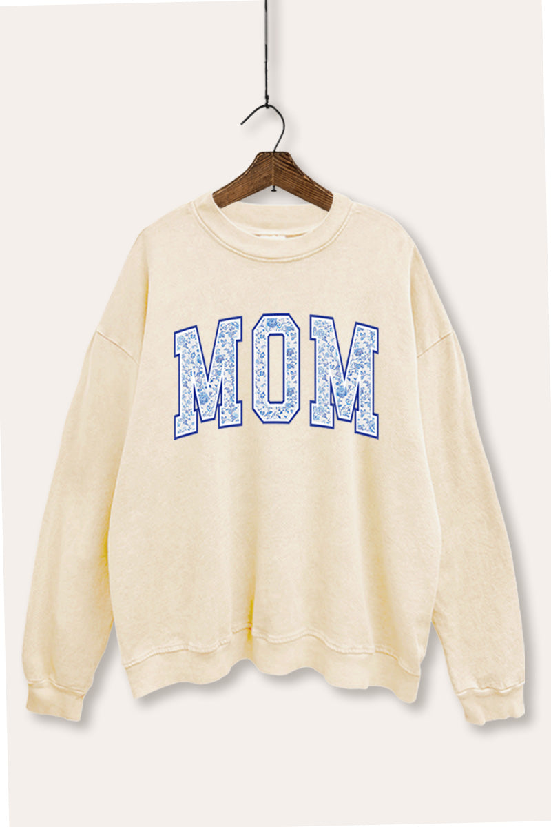 Mom Floral Pattern Graphic Mineral Wash Sweatshirt