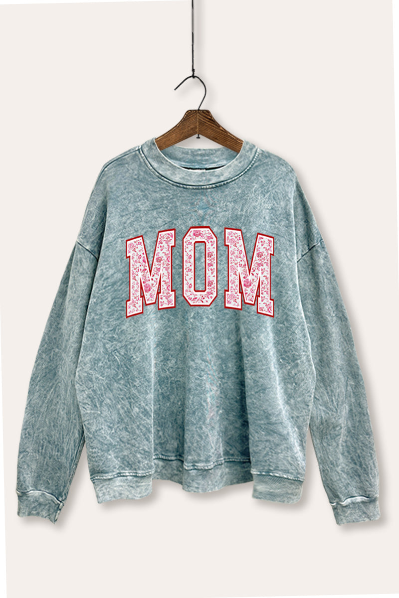 Mom Floral Pattern Graphic Mineral Wash Sweatshirt