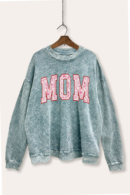 Mom Floral Pattern Graphic Mineral Wash Sweatshirt