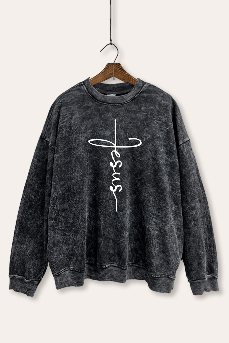 Jesus Cross Typography Mineral Wash Sweatshirt