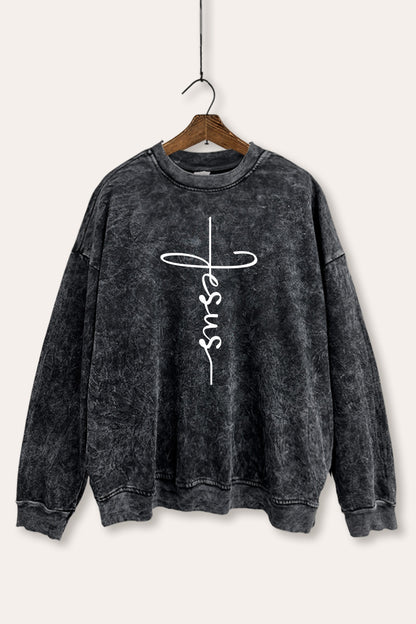 Jesus Cross Typography Mineral Wash Sweatshirt