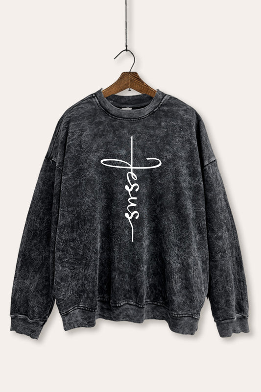 Jesus Cross Typography Mineral Wash Sweatshirt