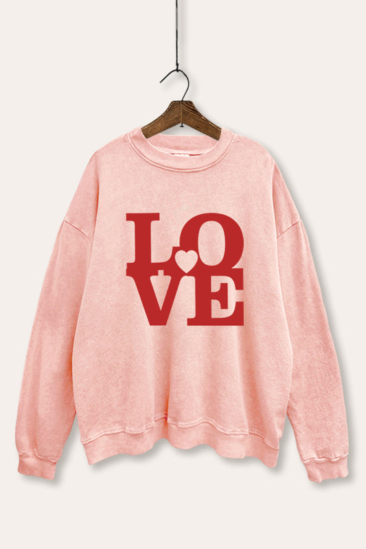 "love" heart graphic mineral wash sweatshirt