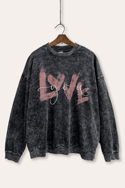 "love you" heart graphic mineral wash sweatshirt