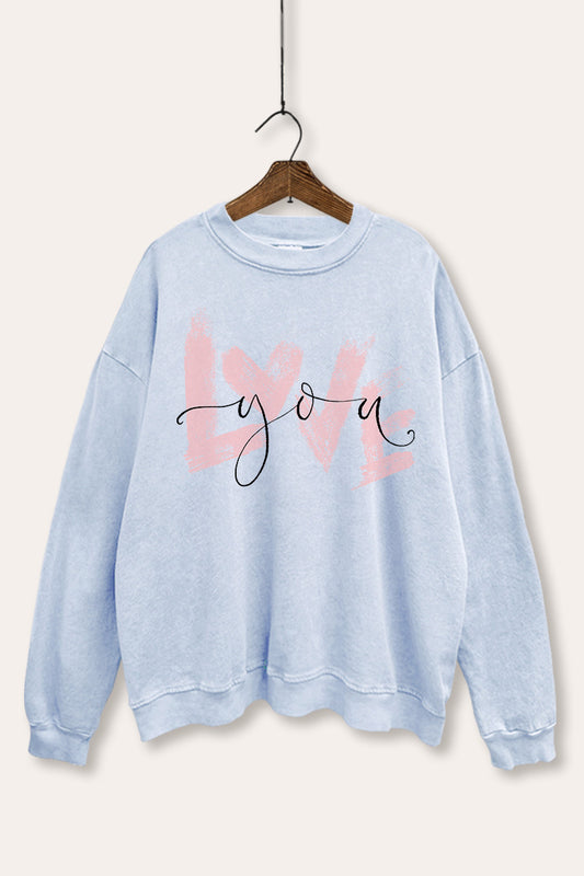 "love you" heart graphic mineral wash sweatshirt