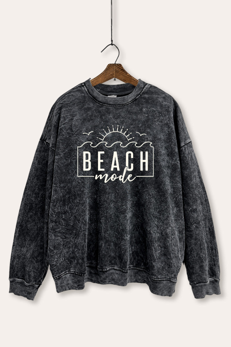 Beach Mode Sunset Waves Graphic Mineral Wash Sweatshirt