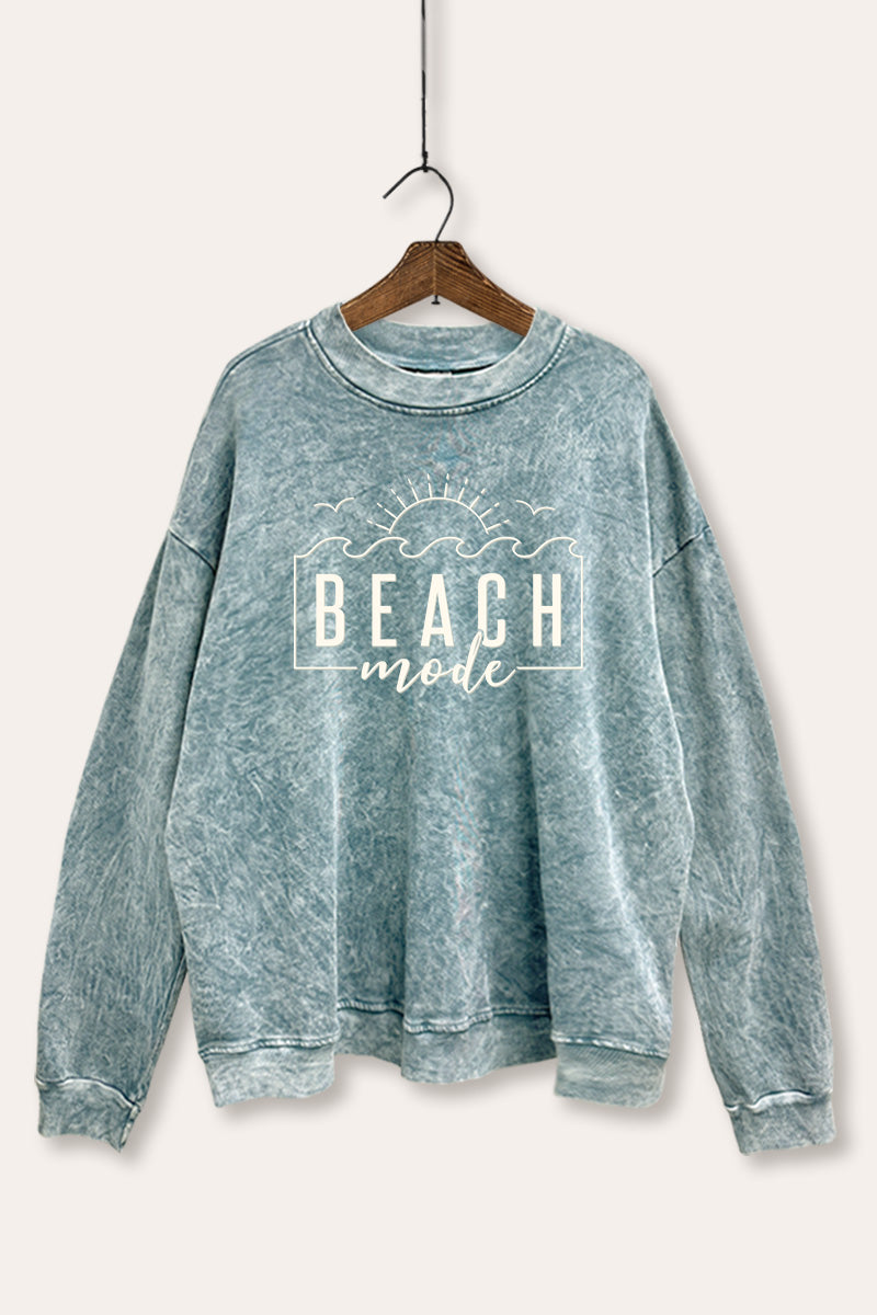 Beach Mode Sunset Waves Graphic Mineral Wash Sweatshirt