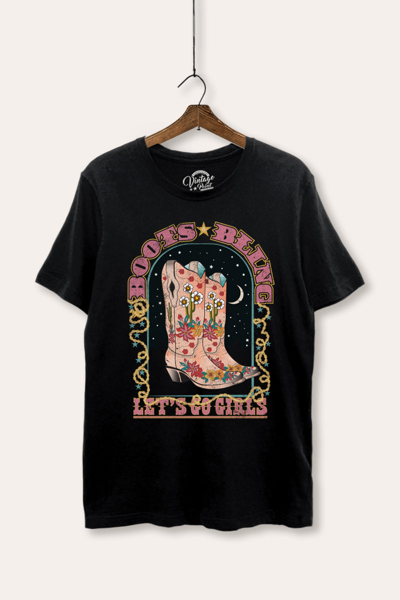 "let's go girls" retro boots bling women's basic graphic t-shirt