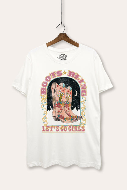 Western Cowgirl Boots Stars Bling Graphic Women's Basic Casual Tee