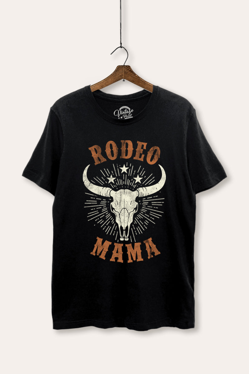 "rodeo mama" cow skull women's basic western graphic t-shirt