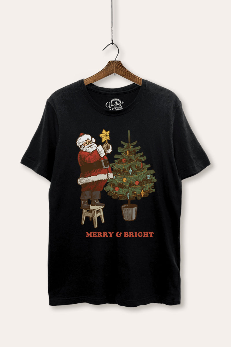 santa decorating christmas tree women's basic graphic t-shirt