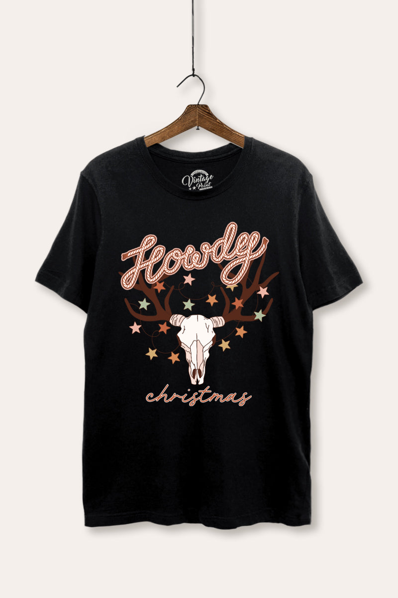 "howdy christmas" cow skull western graphic women's basic t-shirt