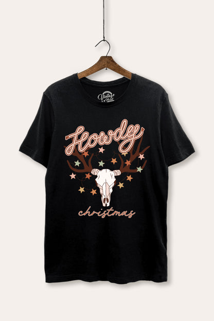 Howdy Christmas Western Skull Graphic Women's Basic Casual Tee