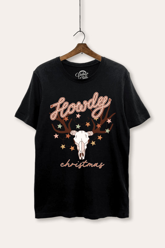 "howdy christmas" cow skull western graphic women's basic t-shirt