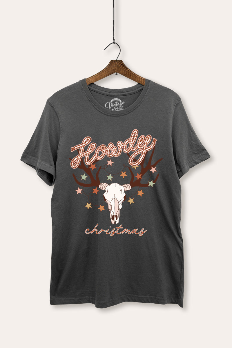 "howdy christmas" cow skull western graphic women's basic t-shirt