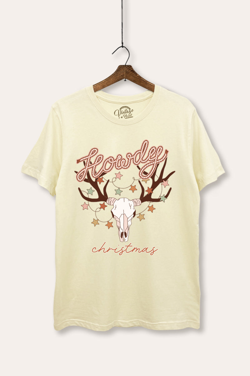 "howdy christmas" cow skull western graphic women's basic t-shirt