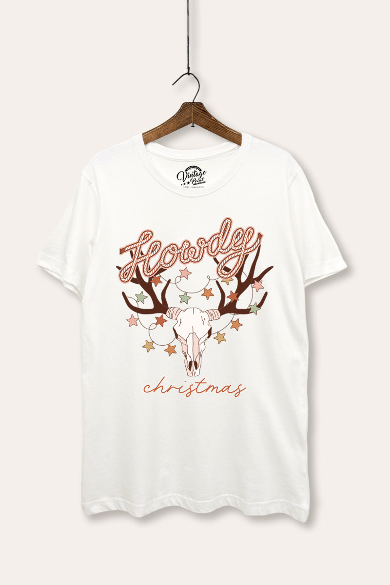 "howdy christmas" cow skull western graphic women's basic t-shirt
