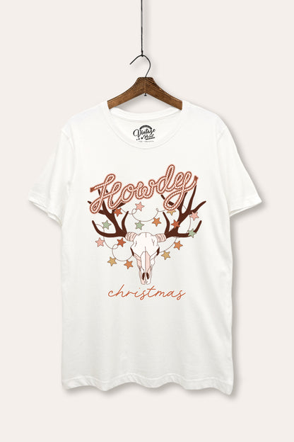 Howdy Christmas Western Skull Graphic Women's Basic Casual Tee