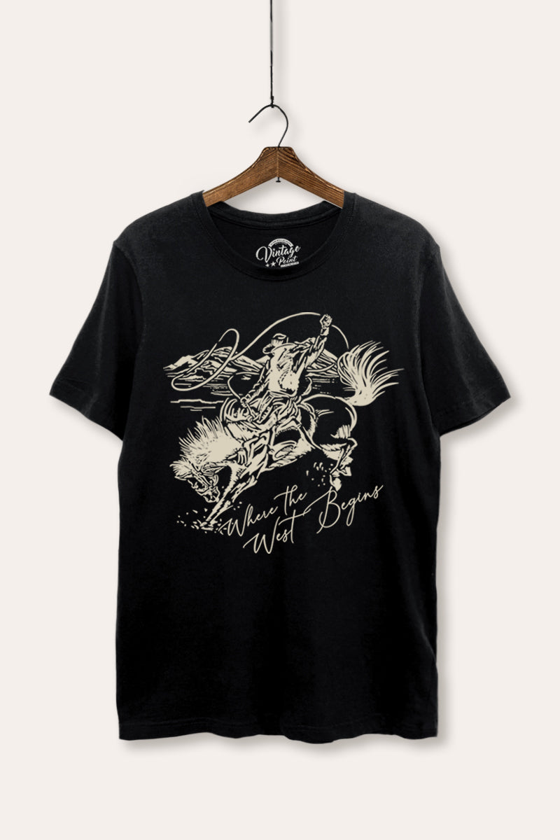 "where the west begins" women's basic graphic tee