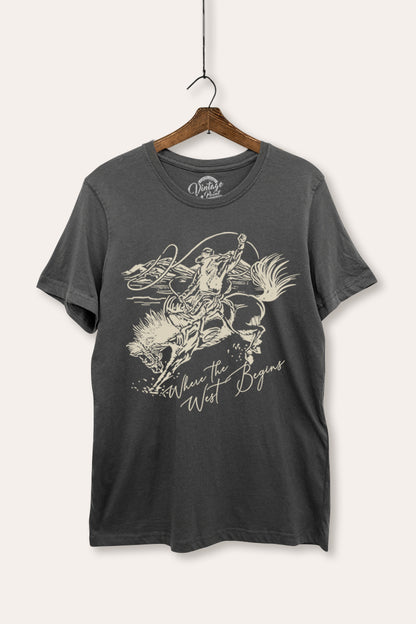 Where The West Begins Cowboy Graphic Women's Basic Casual Tee