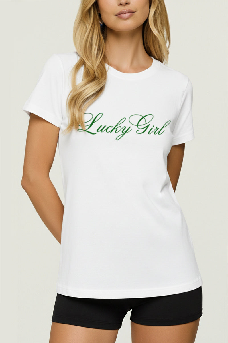 Lucky Girl Cursive Typography Women's Basic Casual Tee